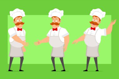 Çizgi film düz komik şişman şef beyaz üniformalı ve fırıncı şapkalı aşçı adam karakteri. Çocuk el sıkışıyor ve selam veriyor. Animasyon için hazır. Yeşil arka planda izole edilmiş. Vektör simgesi ayarlandı.