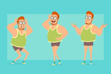 Çizgi film düz komik, kızıl saçlı, gözlüklü, cüppeli ve şortlu şişman çocuk. Çocuk yanlış anlama, poz verme, korkmuş ve kızgın. Animasyon için hazır. Mavi arka planda izole edilmiş. Vektör seti.