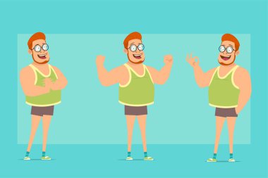 Çizgi film düz komik, kızıl saçlı, gözlüklü, cüppeli ve şortlu şişman çocuk. Çocuk heyecanlı, kaslarını gösteriyor ve iyi bir jest yapıyor. Animasyon için hazır. Mavi arka planda izole edilmiş. Vektör seti.