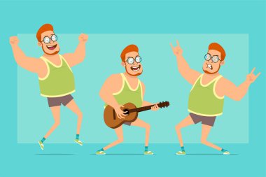 Çizgi film düz komik, kızıl saçlı, gözlüklü, cüppeli ve şortlu şişman çocuk. Çocuk atlıyor, gitar çalıyor ve rock 'n' roll yapıyor. Animasyon için hazır. Mavi arka planda izole edilmiş. Vektör seti.