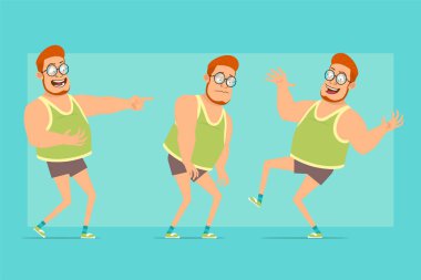 Çizgi film düz komik, kızıl saçlı, gözlüklü, cüppeli ve şortlu şişman çocuk. Çocuk üzgün, yorgun, gülüyor, zıplıyor ve dans ediyor. Animasyon için hazır. Mavi arka planda izole edilmiş. Vektör seti.