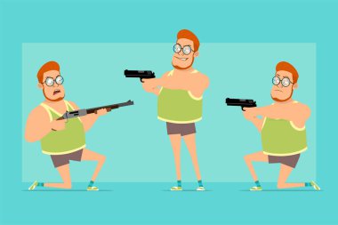 Çizgi film düz komik, kızıl saçlı, gözlüklü, cüppeli ve şortlu şişman çocuk. Kötü çocuk av tüfeği ve tabancayla ateş ediyor. Animasyon için hazır. Mavi arka planda izole edilmiş. Vektör seti.