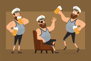 Çizgi film düz komik sakallı şişman denizci karakter Kaptan şapkalı ve dövmeli. Çocuk dinleniyor ve kupadan bira içiyor. Animasyon için hazır. Kahverengi arka planda izole edilmiş. Vektör seti.