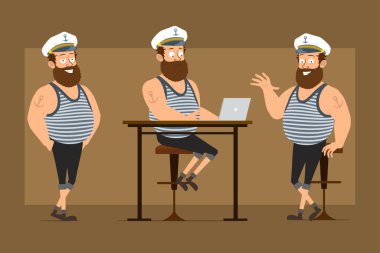 Çizgi film düz komik sakallı şişman denizci karakter Kaptan şapkalı ve dövmeli. Çocuk poz veriyor, dizüstü bilgisayarda çalışıyor ve hoş geldin işareti gösteriyor. Animasyon için hazır. Kahverengi arka planda izole edilmiş. Vektör seti.