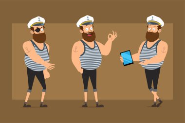 Çizgi film düz komik sakallı şişman denizci karakter Kaptan şapkalı ve dövmeli. Çocuk el sıkışıyor, tableti tutuyor ve tamam işareti gösteriyor. Animasyon için hazır. Kahverengi arka planda izole edilmiş. Vektör seti.