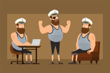 Çizgi film düz komik sakallı şişman denizci karakter Kaptan şapkalı ve dövmeli. Çocuk dizüstü bilgisayarda çalışıyor ve kaslarını gösteriyor. Animasyon için hazır. Kahverengi arka planda izole edilmiş. Vektör seti.