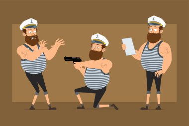 Çizgi film düz komik sakallı şişman denizci karakter Kaptan şapkalı ve dövmeli. Çocuk korkmuş, tabancayla ateş ediyor ve not okuyor. Animasyon için hazır. Kahverengi arka planda izole edilmiş. Vektör seti.