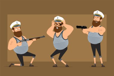 Çizgi film düz komik sakallı şişman denizci karakter Kaptan şapkalı ve dövmeli. Tabanca ve tüfekle ateş eden çocuk. Animasyon için hazır. Kahverengi arka planda izole edilmiş. Vektör seti.