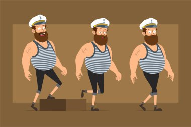 Çizgi film düz komik sakallı şişman denizci karakter Kaptan şapkalı ve dövmeli. Başarılı, yorgun çocuk hedefine doğru yürüyor. Animasyon için hazır. Kahverengi arka planda izole edilmiş. Vektör seti.