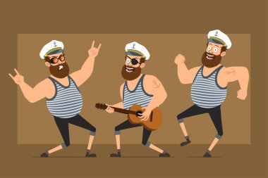 Çizgi film düz komik sakallı şişman denizci karakter Kaptan şapkalı ve dövmeli. Gitar çalan ve rock 'n roll işareti yapan bir çocuk. Animasyon için hazır. Kahverengi arka planda izole edilmiş. Vektör seti.