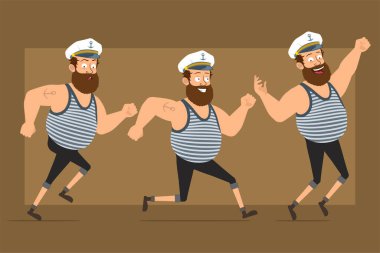 Çizgi film düz komik sakallı şişman denizci karakter Kaptan şapkalı ve dövmeli. Çocuk zıplıyor ve ileri doğru koşuyor. Animasyon için hazır. Kahverengi arka planda izole edilmiş. Vektör seti.