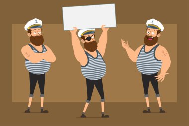 Çizgi film düz komik sakallı şişman denizci karakter Kaptan şapkalı ve dövmeli. Poz veren ve elinde mesaj için boş kağıt levhası tutan bir çocuk. Animasyon için hazır. Kahverengi arka planda izole edilmiş. Vektör seti.