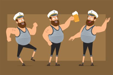 Çizgi film düz komik sakallı şişman denizci karakter Kaptan şapkalı ve dövmeli. Dans eden, içki içen ve elinde bira bardağı tutan bir çocuk. Animasyon için hazır. Kahverengi arka planda izole edilmiş. Vektör seti.