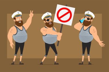 Çizgi film düz komik sakallı şişman denizci karakter Kaptan şapkalı ve dövmeli. Çocuk telefonda konuşuyor ve elinde dur işareti yok. Animasyon için hazır. Kahverengi arka planda izole edilmiş. Vektör seti.