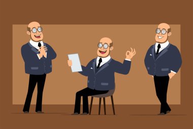 Çizgi film düz komik kel profesör, siyah takım elbiseli ve gözlüklü adam. Çocuk poz veriyor, not okuyor ve iyi işareti gösteriyor. Animasyon için hazır. Kahverengi arka planda izole edilmiş. Vektör seti.