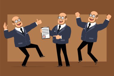 Çizgi film düz komik kel profesör, siyah takım elbiseli ve gözlüklü adam. Liste tableti hazırlayan ve onay işareti gösteren bir çocuk. Animasyon için hazır. Kahverengi arka planda izole edilmiş. Vektör seti.