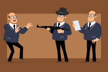 Çizgi film düz komik kel profesör, siyah takım elbiseli ve gözlüklü adam. Çocuk korkmuş, not okuyor ve tüfekle ateş ediyor. Animasyon için hazır. Kahverengi arka planda izole edilmiş. Vektör seti.