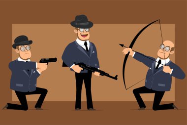 Çizgi film düz komik kel profesör, siyah takım elbiseli ve gözlüklü adam. Tüfek tutan çocuk, tabanca, ok ve yay ile ateş ediyor. Animasyon için hazır. Kahverengi arka planda izole edilmiş. Vektör seti.