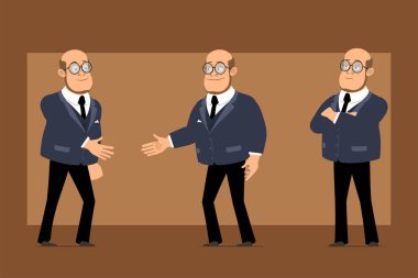 Çizgi film düz komik kel profesör, siyah takım elbiseli ve gözlüklü adam. Çocuk poz veriyor ve arkadaşıyla tokalaşıyor. Animasyon için hazır. Kahverengi arka planda izole edilmiş. Vektör seti.