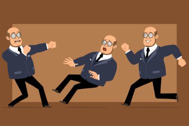 Çizgi film düz komik kel profesör, siyah takım elbiseli ve gözlüklü adam. Çocuk dövüşüyor, koşuyor ve düşüyor. Animasyon için hazır. Kahverengi arka planda izole edilmiş. Vektör seti.