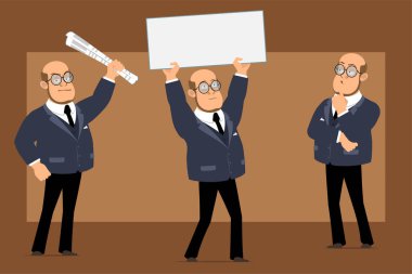 Çizgi film düz komik kel profesör, siyah takım elbiseli ve gözlüklü adam. Düşünen ve elinde boş kağıt levha tutan bir çocuk. Animasyon için hazır. Kahverengi arka planda izole edilmiş. Vektör seti.