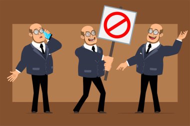Çizgi film düz komik kel profesör, siyah takım elbiseli ve gözlüklü adam. Çocuk telefonda konuşuyor ve elinde dur işareti yok. Animasyon için hazır. Kahverengi arka planda izole edilmiş. Vektör seti.