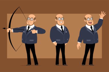 Çizgi film düz komik kel profesör, siyah takım elbiseli ve gözlüklü adam. Çocuk yaydan ateş ediyor ve el kol hareketi yapıyor. Animasyon için hazır. Kahverengi arka planda izole edilmiş. Vektör seti.