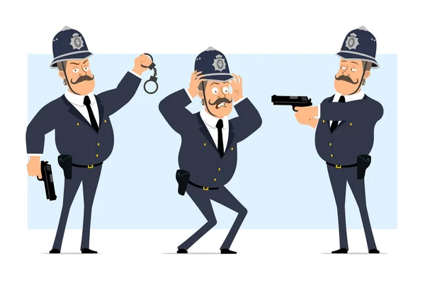 Cartoon Platte Grappige Britse Dikke Politieman Karakter Helm Uniform Jongen — Stockvector