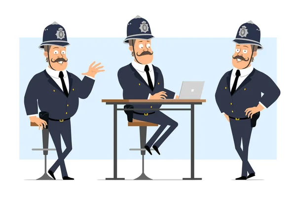 ヘルメットと制服の漫画フラット面白い英国の脂肪警察官の文字 少年はポーズをとってノートパソコンで作業する アニメーションの準備 青い背景に隔離されています ベクトルセット — ストックベクタ