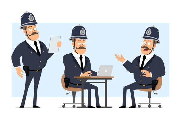 头戴安全帽 身穿制服的卡通形象滑稽的英国胖警察 男孩读书笔记和在笔记本电脑上工作 准备好动画了被蓝色背景隔离了矢量集 — 图库矢量图片