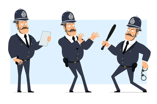 Caricatura Plana Divertida Británica Gorda Personaje Policía Casco Uniforme Niño — Archivo Imágenes Vectoriales