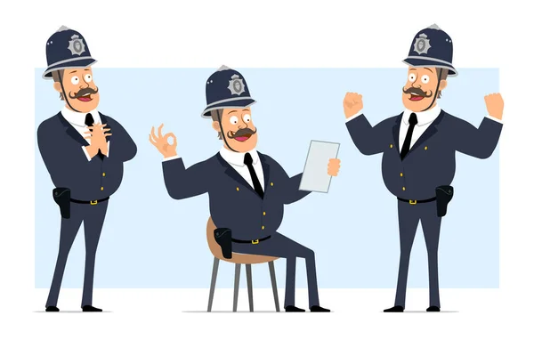 Cartoon Flat Funny British Fat Policeman Character Helmet Uniform Boy — Stock Vector