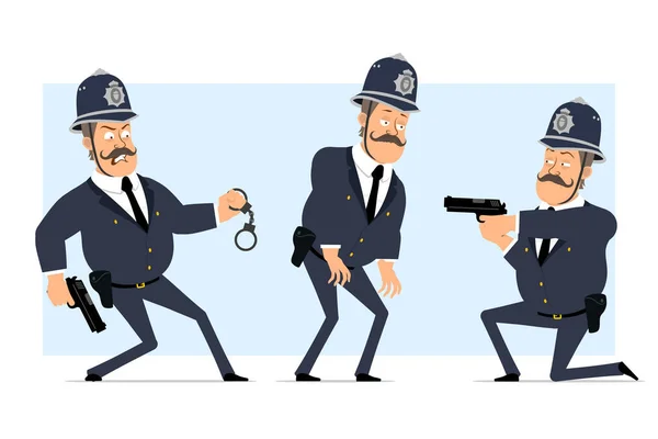 头戴安全帽 身穿制服的卡通形象滑稽的英国胖警察 男孩累了 用手枪射击 准备好动画了被蓝色背景隔离了矢量集 — 图库矢量图片
