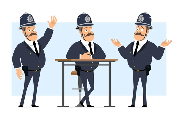 头戴安全帽 身穿制服的卡通形象滑稽的英国胖警察 男孩摆姿势 并表示欢迎的姿态 准备好动画了被蓝色背景隔离了矢量集 — 图库矢量图片
