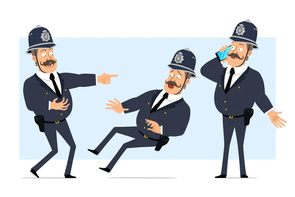 Kreskówka Płaska Zabawny Brytyjski Tłusty Policjant Charakter Kasku Mundurze Chłopak — Wektor stockowy