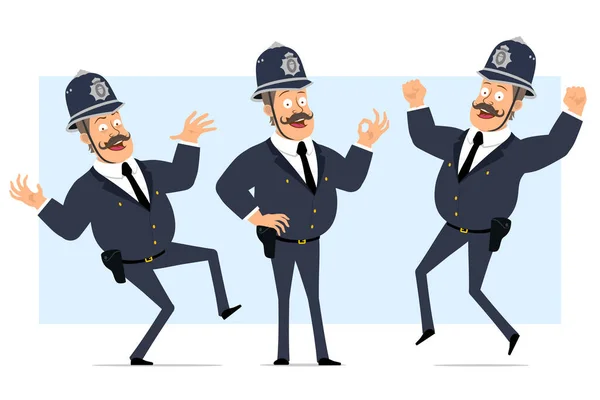 Kreskówka Płaska Zabawny Brytyjski Tłusty Policjant Charakter Kasku Mundurze Chłopak — Wektor stockowy