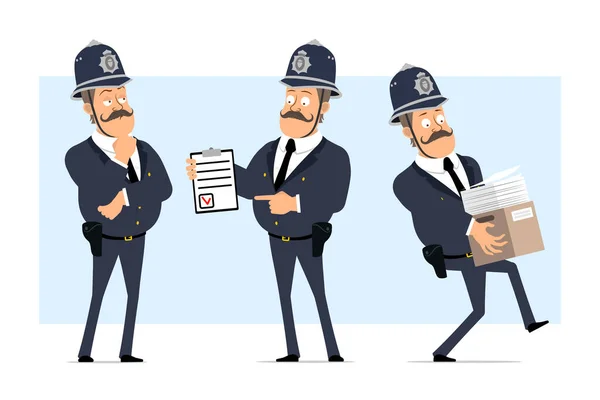 Caricatura Plana Divertida Británica Gorda Personaje Policía Casco Uniforme Chico — Vector de stock