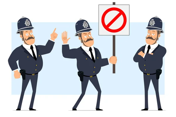 头戴安全帽 身穿制服的卡通形象滑稽的英国胖警察 男孩摆好姿势 没有停车标志 准备好动画了被蓝色背景隔离了矢量集 — 图库矢量图片