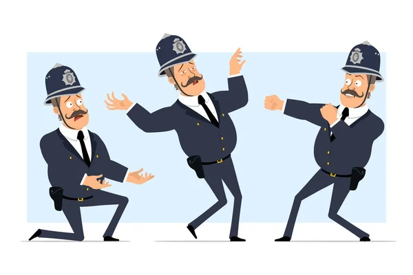 ヘルメットと制服の漫画フラット面白い英国の脂肪警察官の文字 男の子の戦い 背を向けて膝の上に立っている アニメーションの準備 青い背景に隔離されています ベクトルセット — ストックベクタ