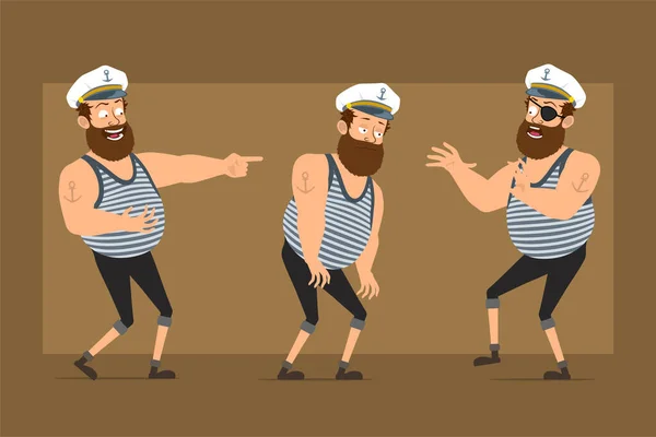 Cartoon Plat Drôle Barbu Gros Marin Homme Caractère Chapeau Capitaine — Image vectorielle