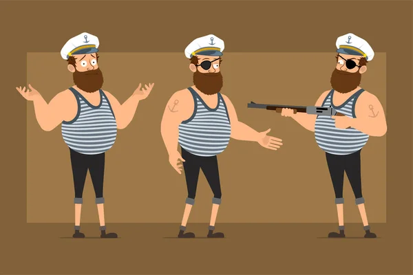 Cartoon Plat Drôle Barbu Gros Marin Homme Caractère Chapeau Capitaine — Image vectorielle