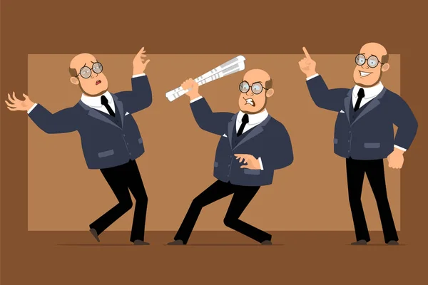 Cartoon Flat Funny Bald Professor Man Character Dark Suit Glasses — Stock Vector