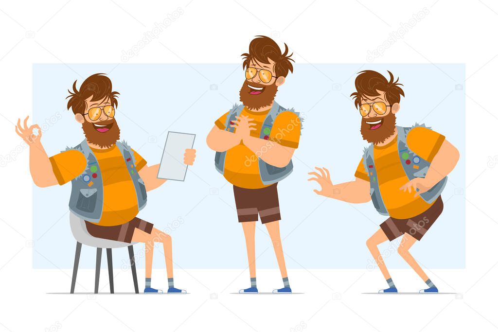 Cartoon flat funny bearded fat hipster man character in jeans jerkin and sunglasses. Ready for animation. Boy sneaking, showing ok sign and reading note. Isolated on blue background. Vector icon set.