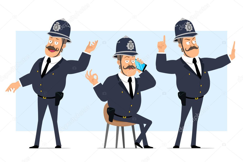 Cartoon flat funny british fat policeman character in helmet and uniform. Boy talking on phone and showing stop gesture. Ready for animation. Isolated on blue background. Vector set.