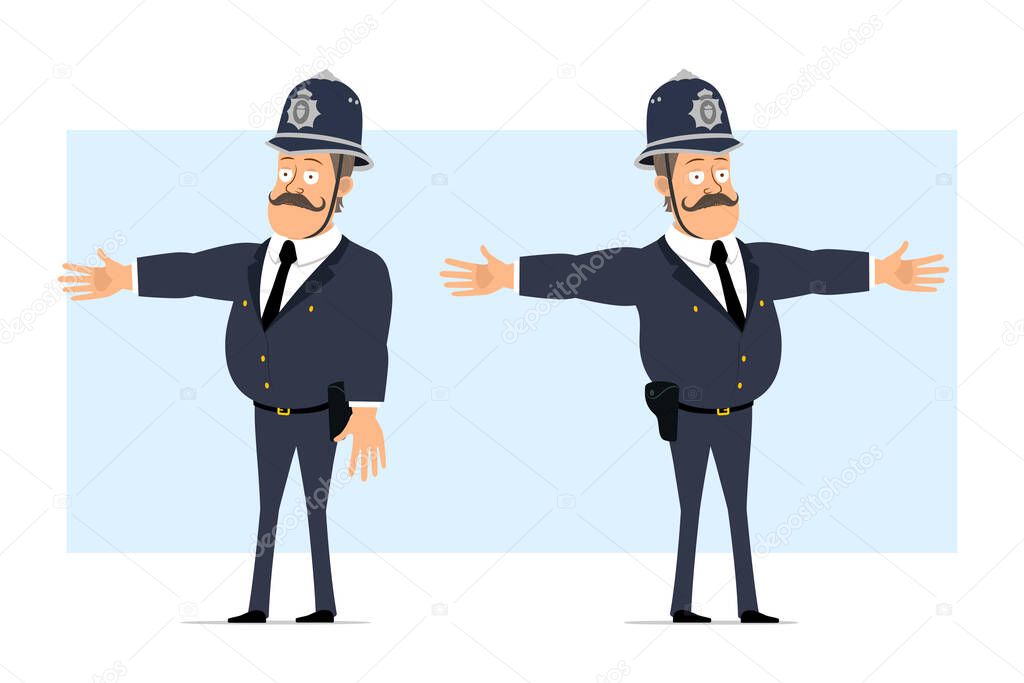 Cartoon flat funny british fat policeman character in helmet and uniform. Boy showing warning, attention and stop gesture. Ready for animation. Isolated on blue background. Vector set.