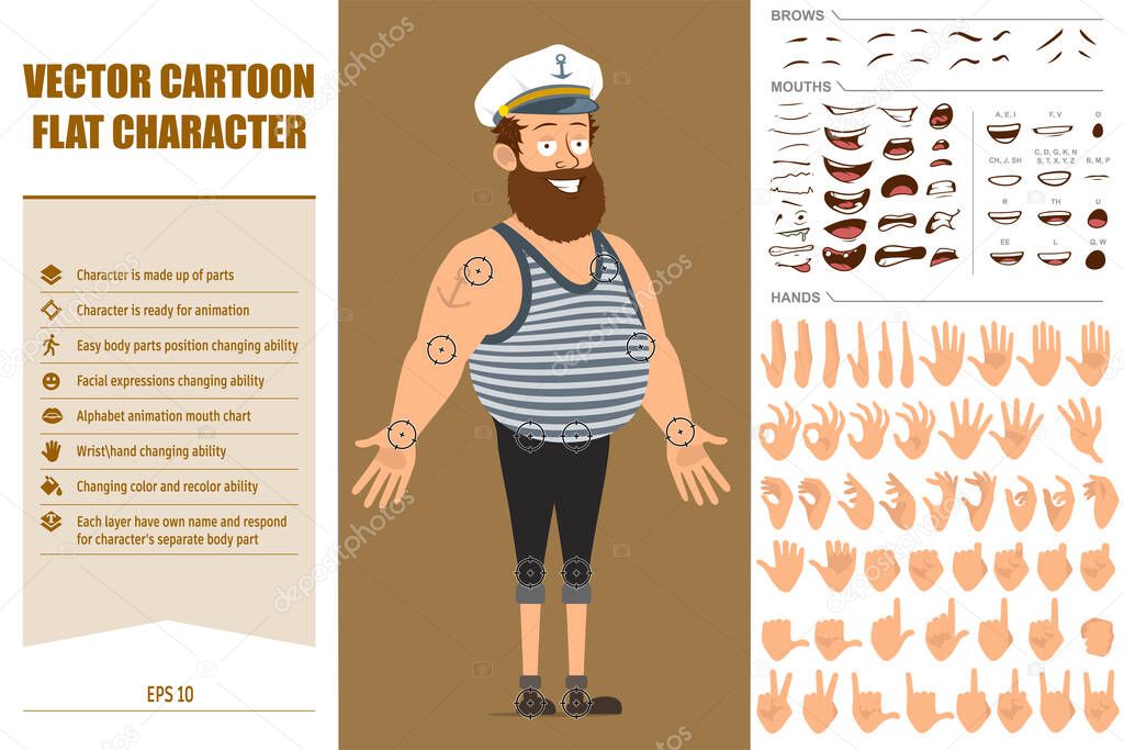Cartoon flat funny bearded sailor man character in captain hat with tattoo. Ready for animation. Face expressions, eyes, brows, mouth and hands easy to edit. Isolated on brown background. Vector set.