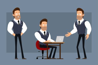 Çizgi film düz komik kaslı güçlü iş adamı karakteri siyah kravatlı. Canlandırmaya hazırız. Çocuk dizüstü bilgisayarda çalışıyor ve el sıkışıyor. Gri arka planda izole edilmiş. Büyük vektör simgesi kümesi.