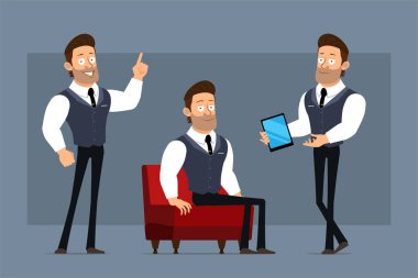 Çizgi film düz komik kaslı güçlü iş adamı karakteri siyah kravatlı. Canlandırmaya hazırız. Çocuk yeni akıllı telefon ve dikkat çekme hareketi gösteriyor. Gri arka planda izole edilmiş. Büyük vektör simgesi kümesi.