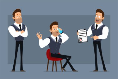 Çizgi film düz komik güçlü kaslı iş adamı karakteri siyah kravatlı. Canlandırmaya hazırız. Çocuk telefonda konuşuyor ve liste defterini gösteriyor. Gri arka planda izole edilmiş. Büyük vektör simgesi kümesi.