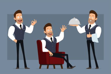 Çizgi film düz komik güçlü kaslı iş adamı karakteri siyah kravatlı. Canlandırmaya hazırız. Metal tepsisi olan garson çocuk baş parmağını kaldırıyor. Gri arka planda izole edilmiş. Büyük vektör simgesi kümesi.